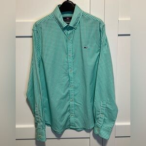 Vineyard Vines Whale Performance Button Down Shirt Small Green Check Nylon Blend